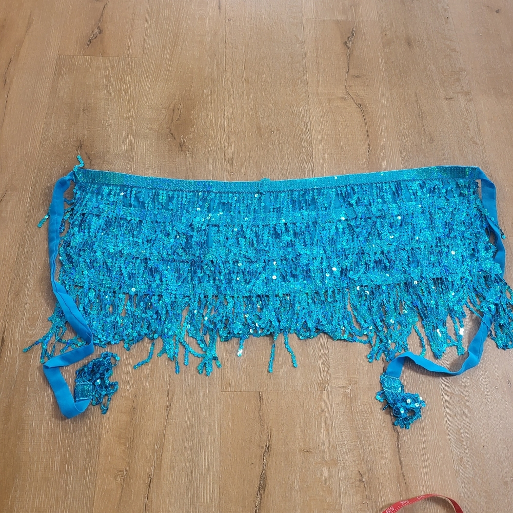 ✨ Blue Fringe Belly Dance Hip Shawl Wrap – Sequin Tassel Skirt Costume Accessory